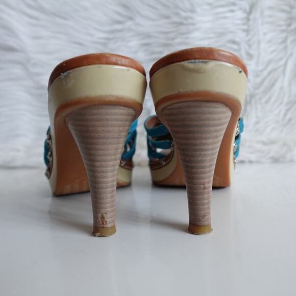 Clarks Y2K Clio Teal Blue Suede Slip-on Tan Leather Wooden High Heels - Picture 8 of 13